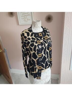 Berek Women’s M Tan Black Animal Print Cardigan Tank Sweater Set 2-Piece